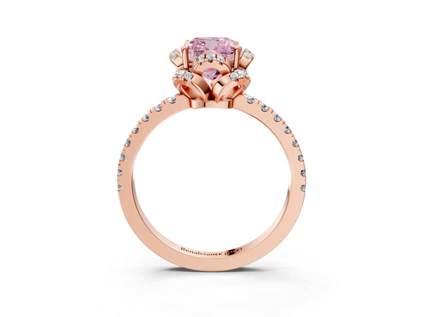 Rose gold Fancy Pink Cushion Cut Diamond Halo Pave Band with Four-Prong Setting