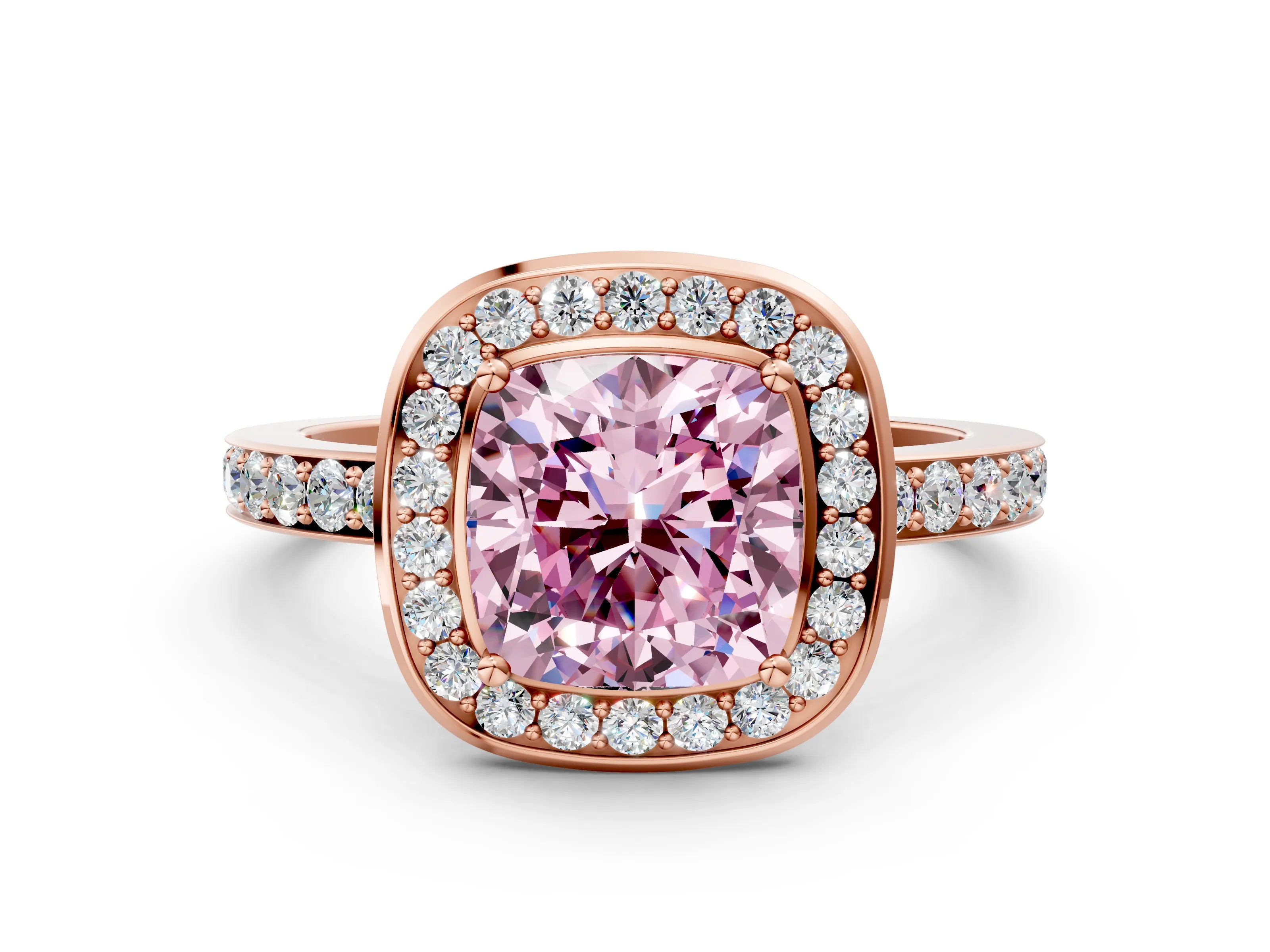 Rose gold Fancy Pink Cushion Cut Diamond Halo Ring with Bezel Frame and Pavé Band