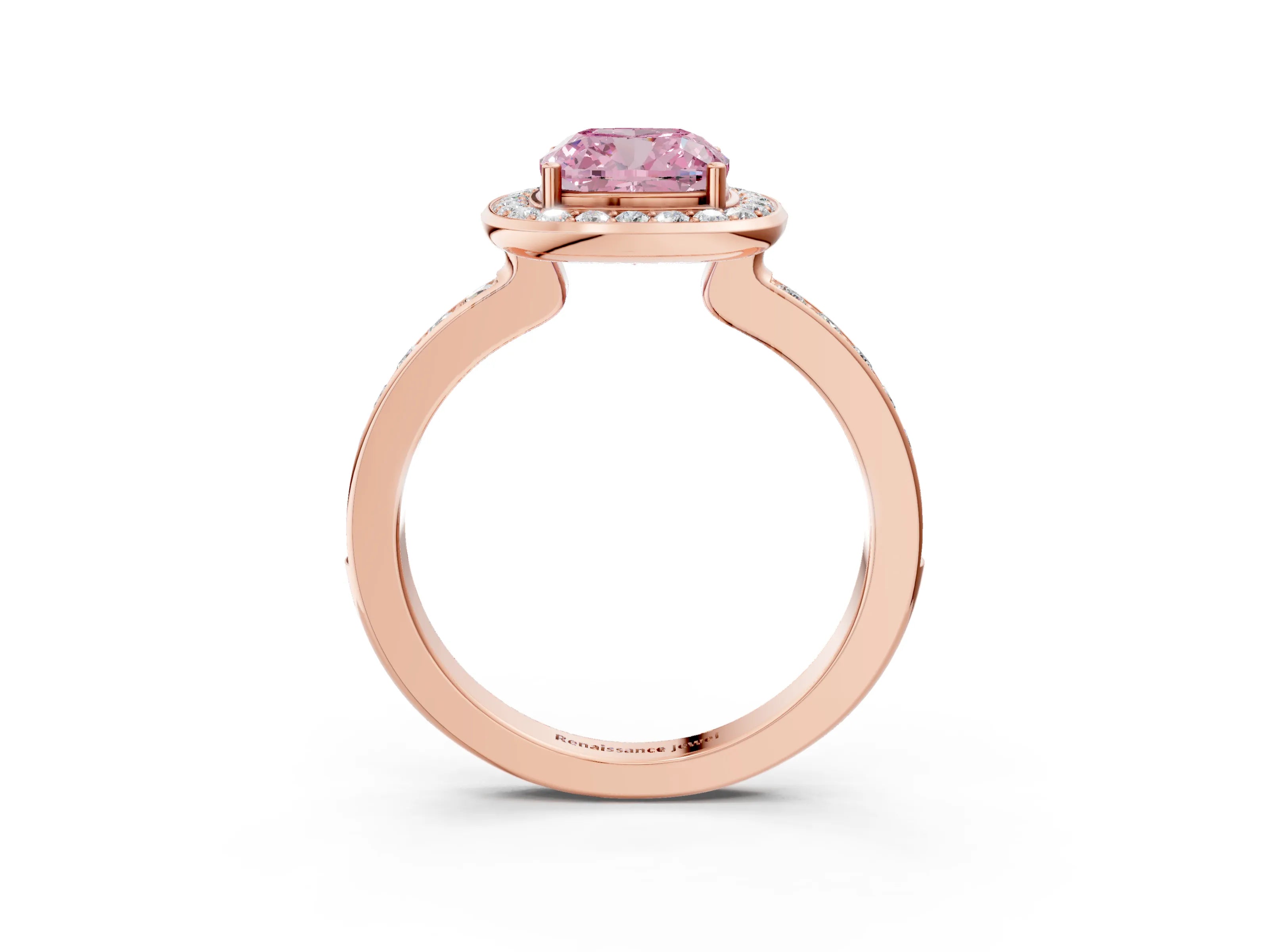Rose gold Fancy Pink Cushion Cut Diamond Halo Ring with Bezel Frame and Pavé Band_3