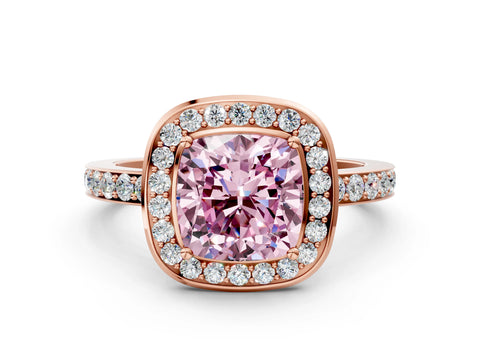 Rose gold Fancy Pink Cushion Cut Diamond Halo Ring with Bezel Frame and Pavé Band