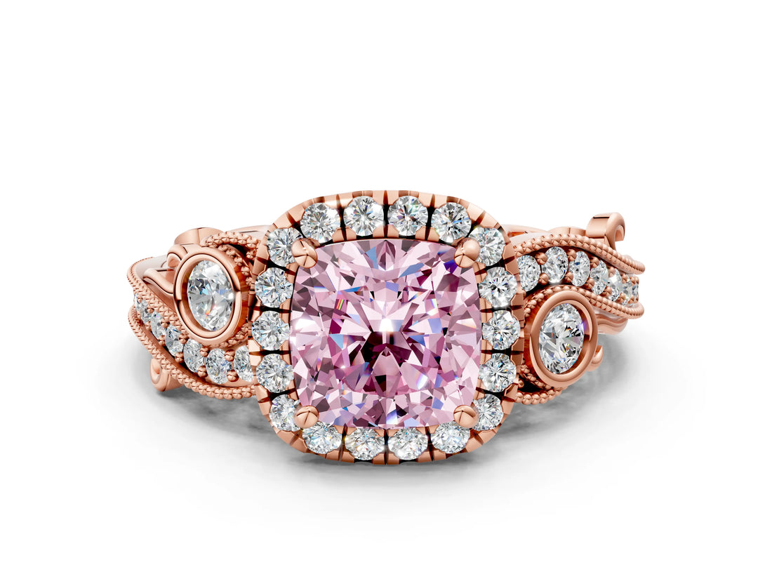 Rose gold Fancy Pink Cushion Cut Diamond Halo Ring with Milgrain Pavé Band and Four-Prong Setting_70