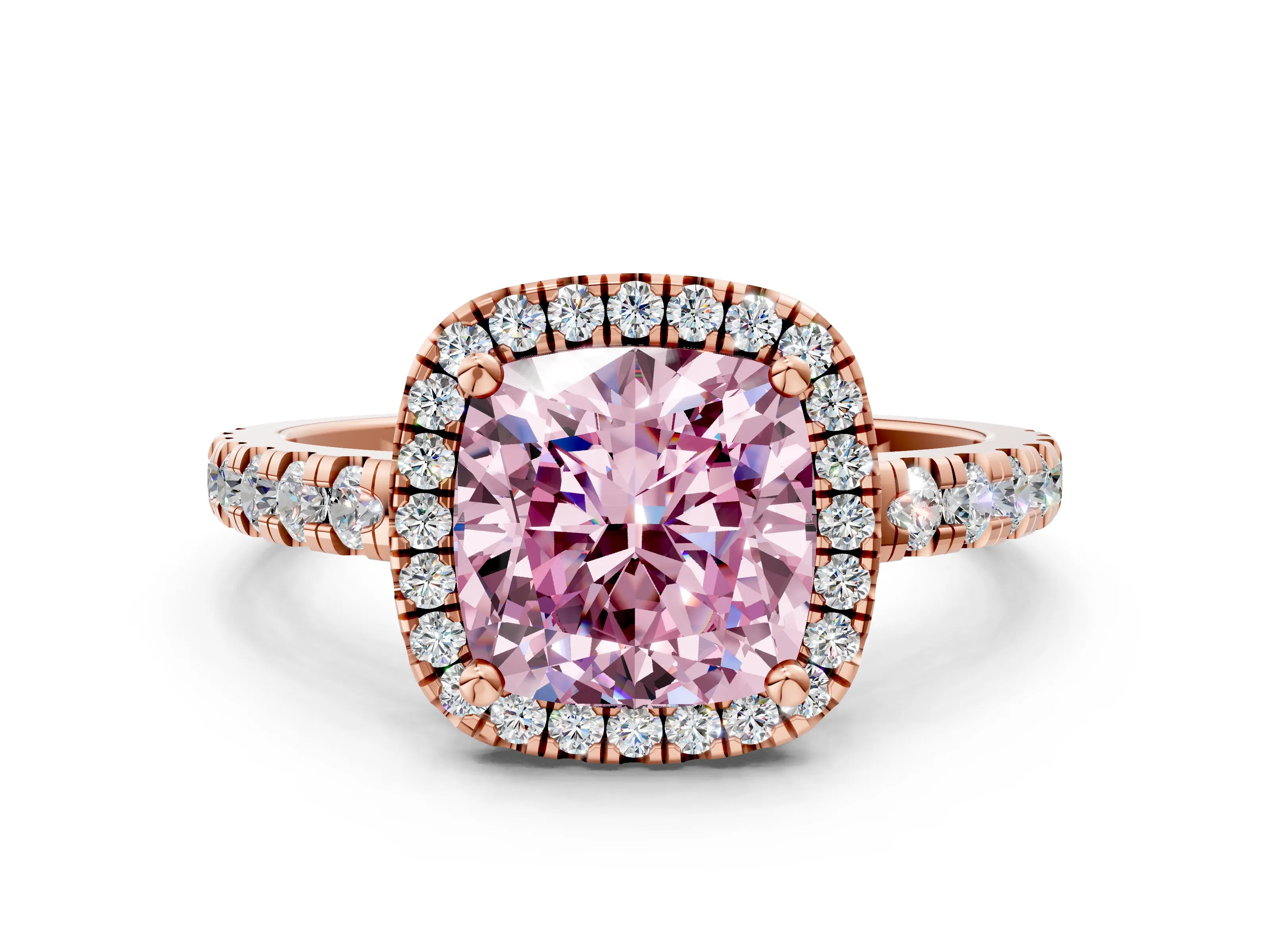 Rose gold Fancy Pink Cushion Cut Diamond Halo Ring with Pavé Band and Four-Prong Setting