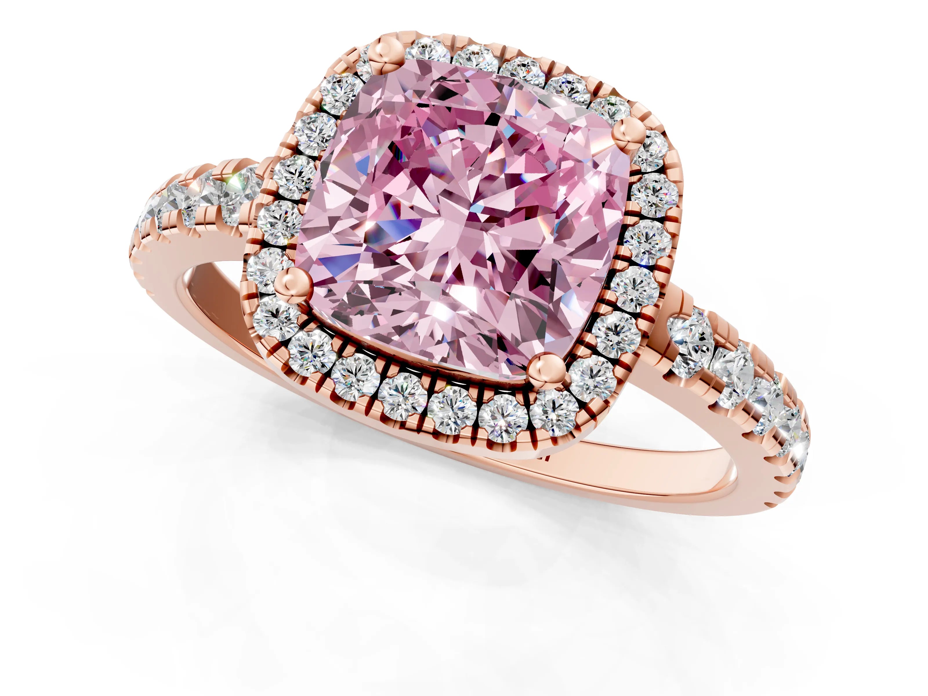 Rose gold Fancy Pink Cushion Cut Diamond Halo Ring with Pavé Band and Four-Prong Setting_1
