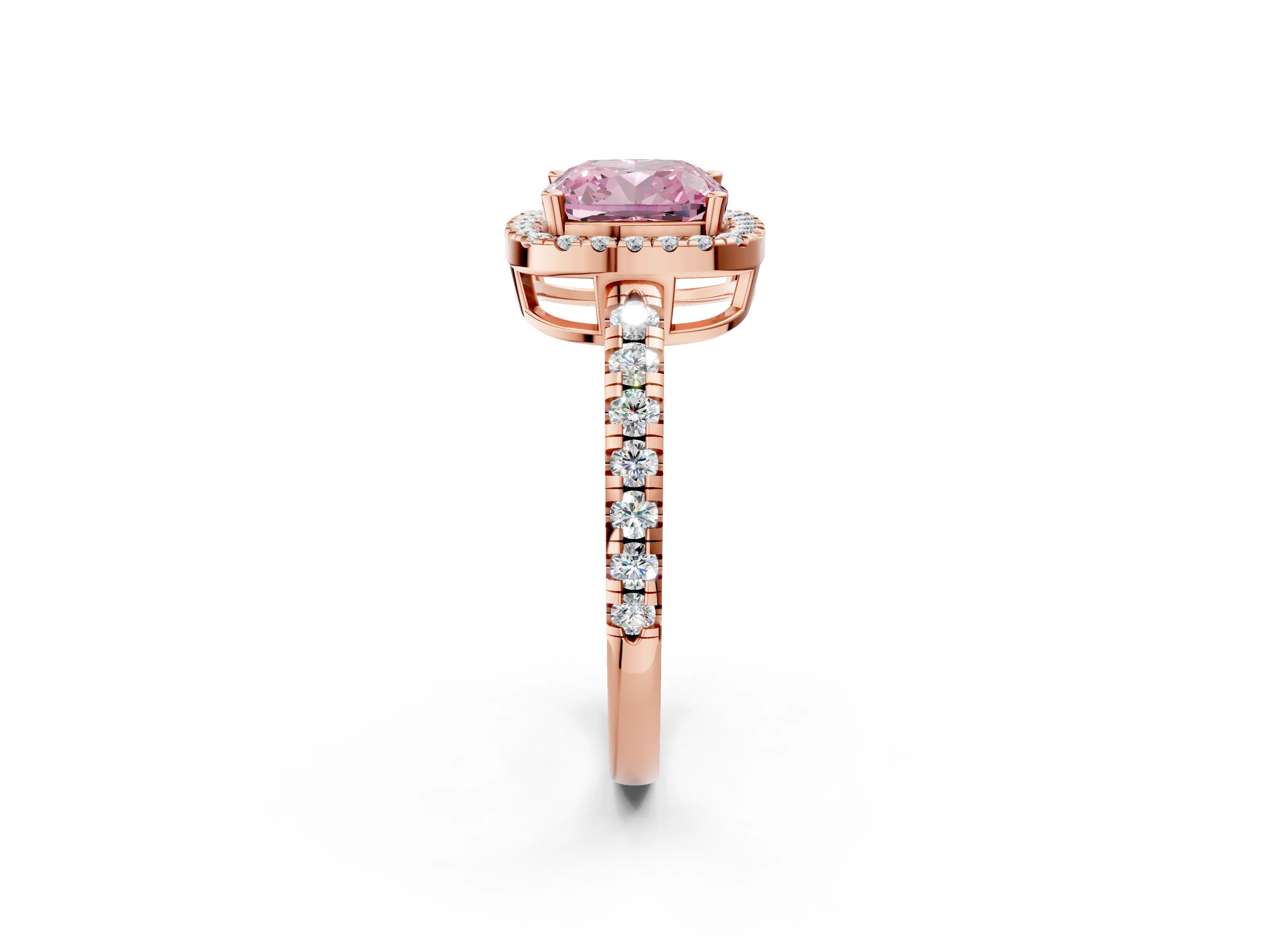 Rose gold Fancy Pink Cushion Cut Diamond Halo Ring with Pavé Band and Four-Prong Setting_2
