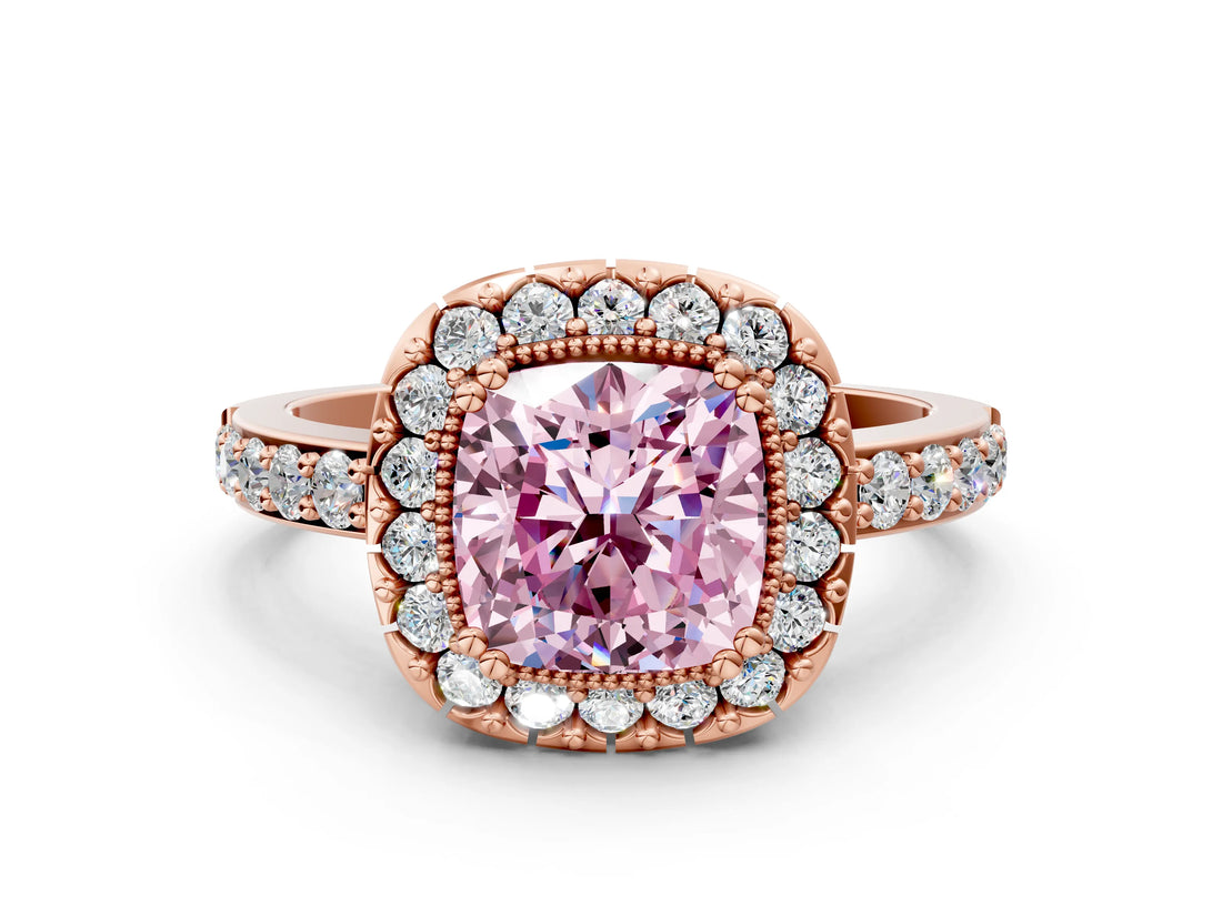 Rose gold Fancy Pink Cushion Cut Diamond Halo Ring with Pavé Band and Prong Setting