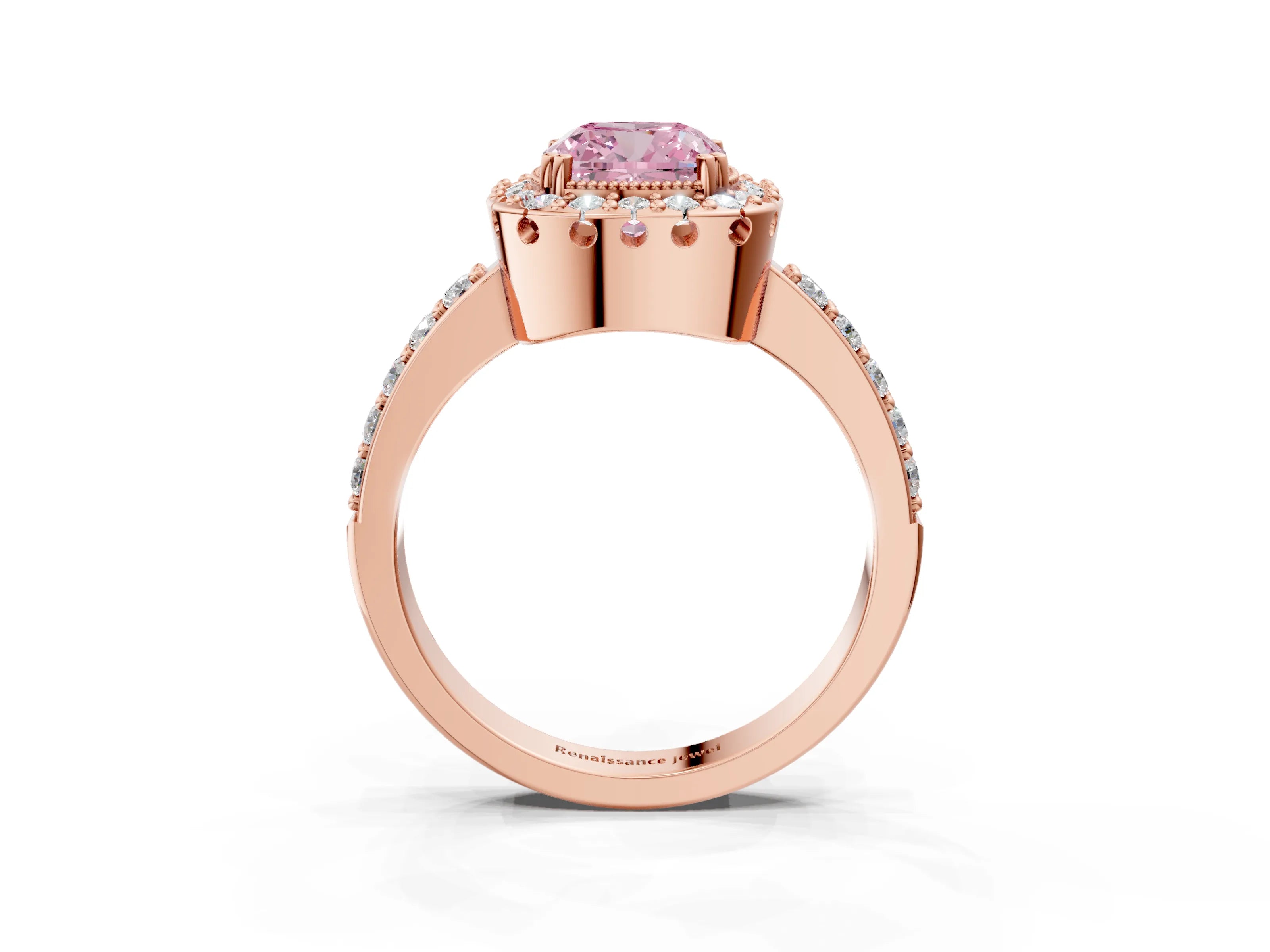 Rose gold Fancy Pink Cushion Cut Diamond Halo Ring with Pavé Band and Prong Setting_3