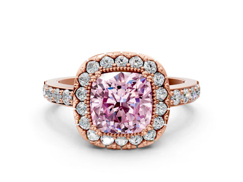 Rose gold Fancy Pink Cushion Cut Diamond Halo Ring with Pavé Band and Prong Setting