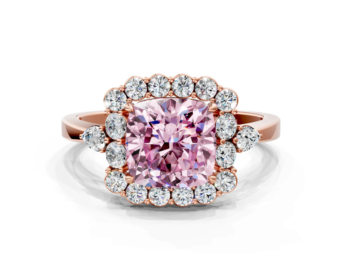Rose gold Fancy Pink Cushion Cut Diamond Halo Ring with Pear Side Stones and Prong Setting_69