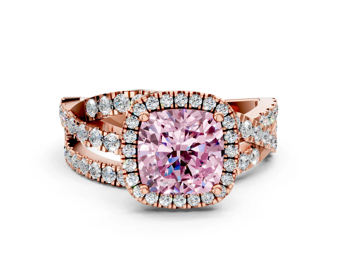 Rose gold Fancy Pink Cushion Cut Diamond Halo Ring with Round Split Shank and Prong Setting_36
