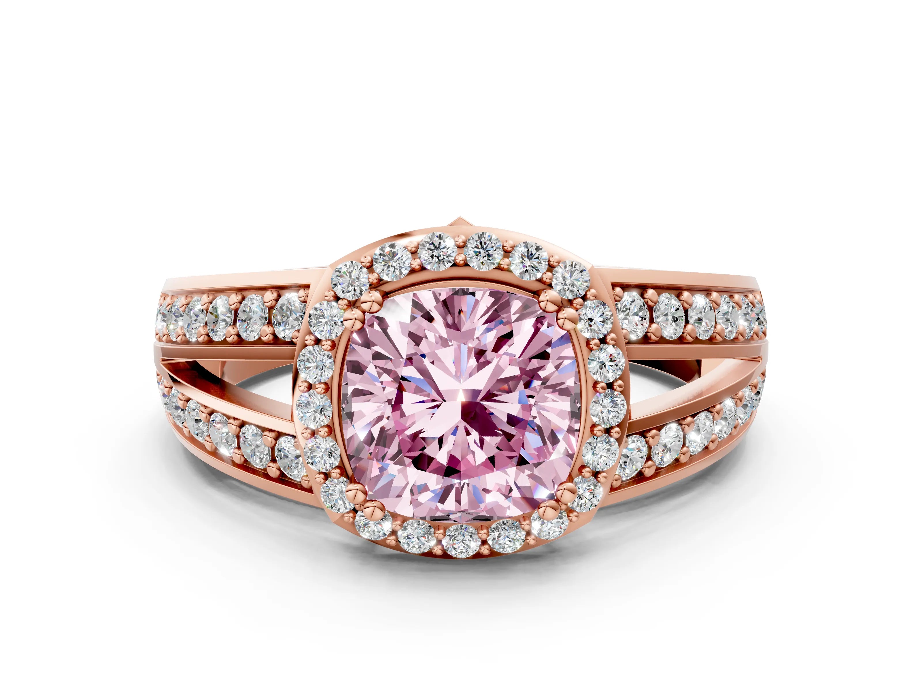 Rose gold Fancy Pink Cushion Cut Diamond Halo Ring with Split Shank Pavé Band and Four-Prong Setting