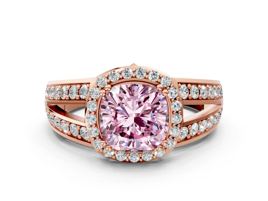 Rose gold Fancy Pink Cushion Cut Diamond Halo Ring with Split Shank Pavé Band and Four-Prong Setting