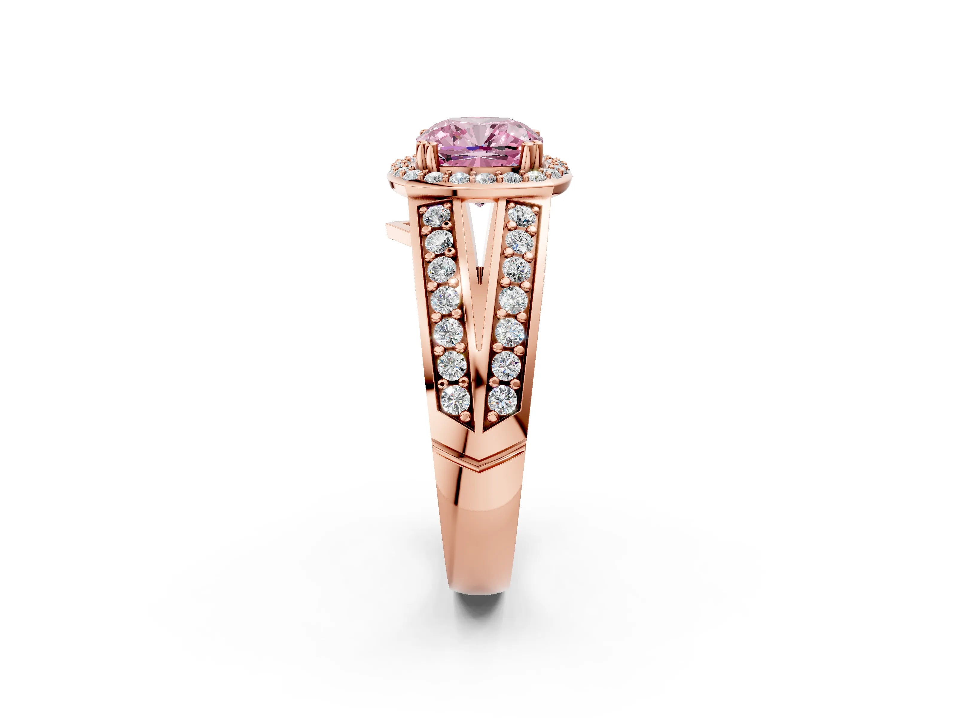 Rose gold Fancy Pink Cushion Cut Diamond Halo Ring with Split Shank Pavé Band and Four-Prong Setting_2