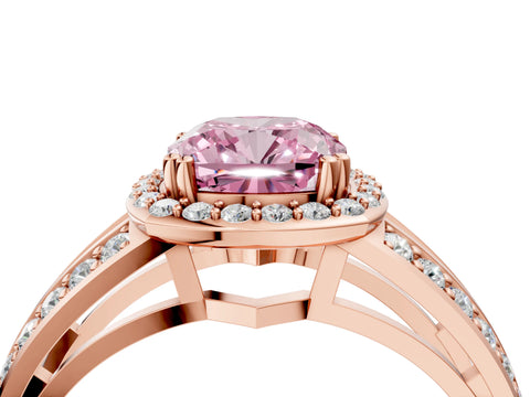 Rose gold Fancy Pink Cushion Cut Diamond Halo Ring with Split Shank Pavé Band and Four-Prong Setting_4
