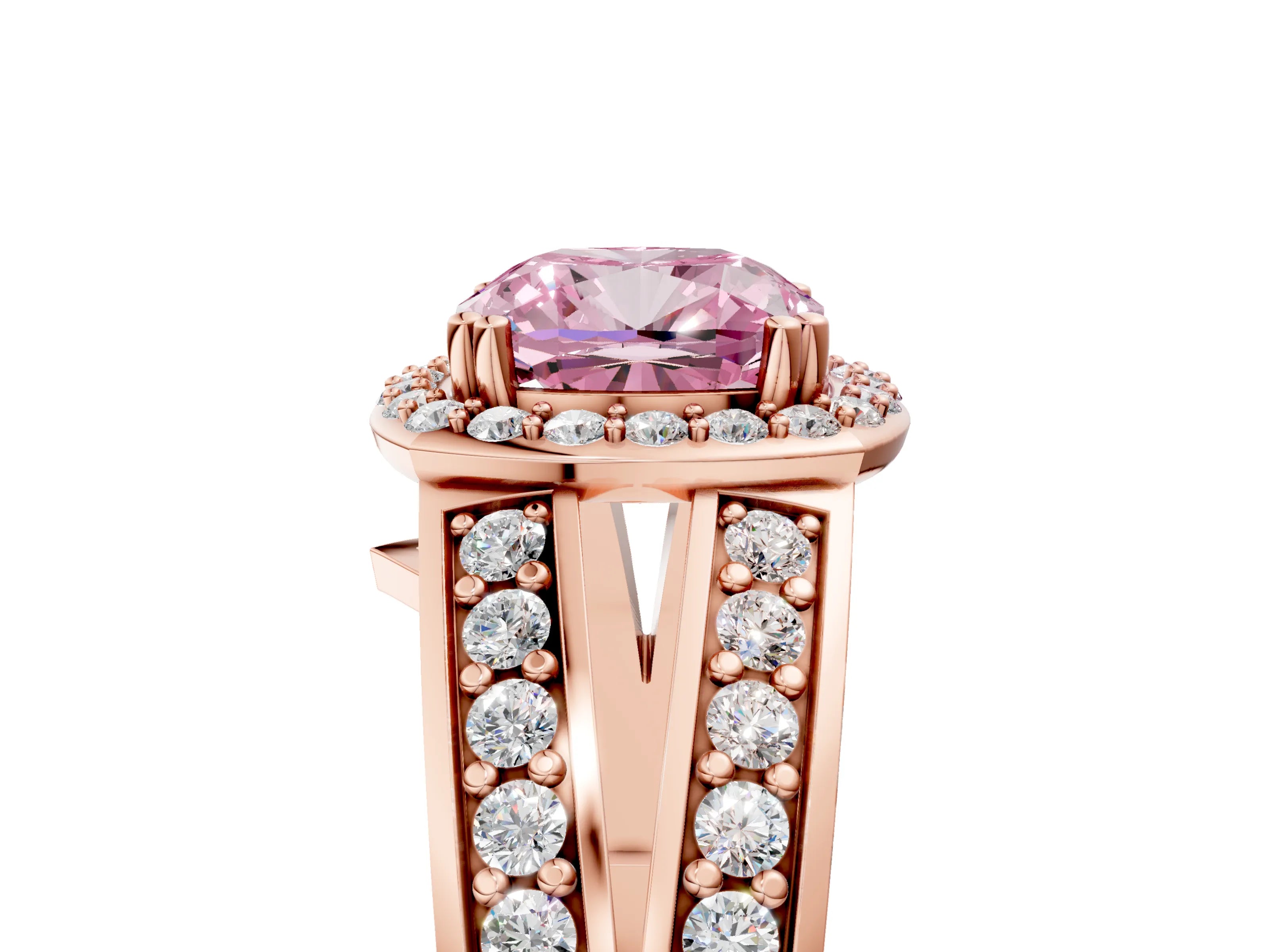 Rose gold Fancy Pink Cushion Cut Diamond Halo Ring with Split Shank Pavé Band and Four-Prong Setting_5