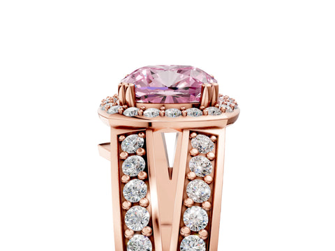 Rose gold Fancy Pink Cushion Cut Diamond Halo Ring with Split Shank Pavé Band and Four-Prong Setting_5