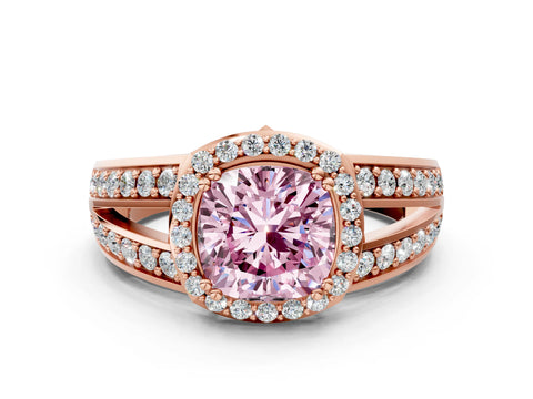 Rose gold Fancy Pink Cushion Cut Diamond Halo Ring with Split Shank Pavé Band and Four-Prong Setting