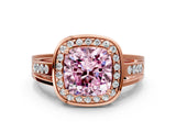 Rose gold Fancy Pink Cushion Cut Diamond Halo Ring with Split Shank and Bezel Accents and Prong Setting