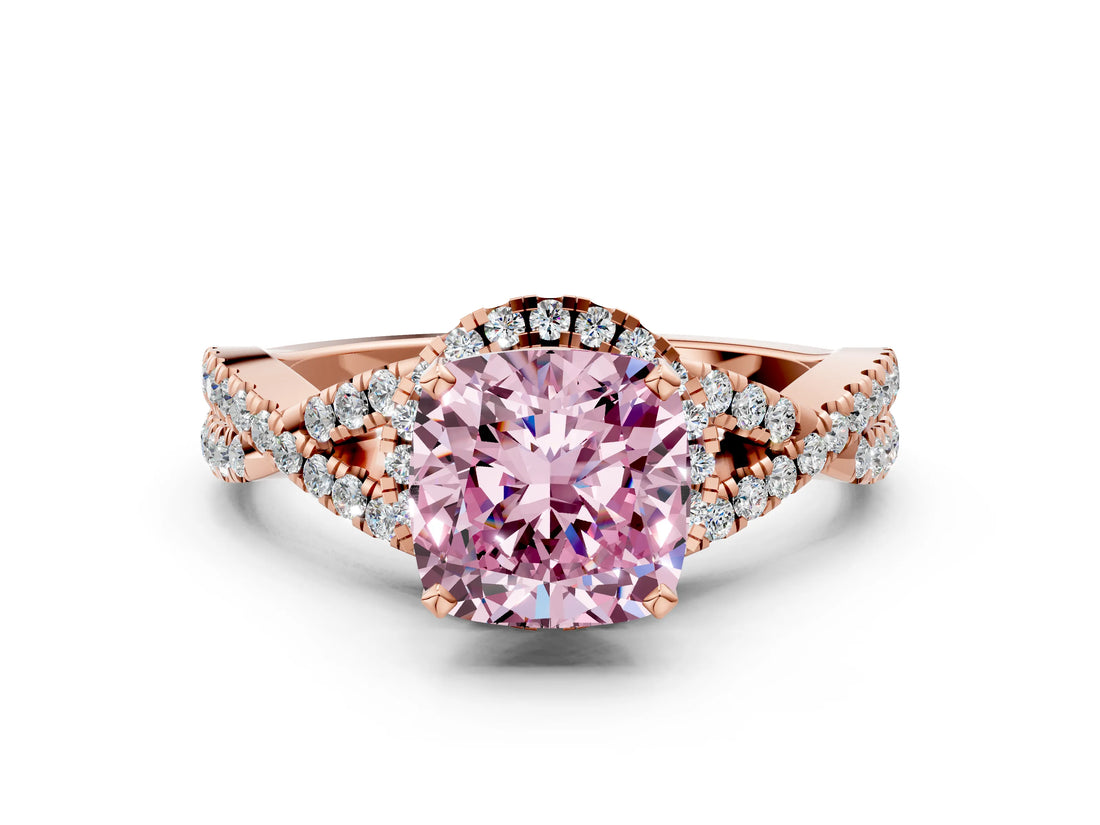 Rose gold Fancy Pink Cushion Cut Diamond  Halo Twist Band Solitaire Prong Setting Ring_42