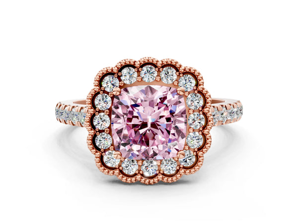 Rose gold Fancy Pink Cushion  Cut Diamond Milgrain Floral Halo Engagement Ring with Pavé Band