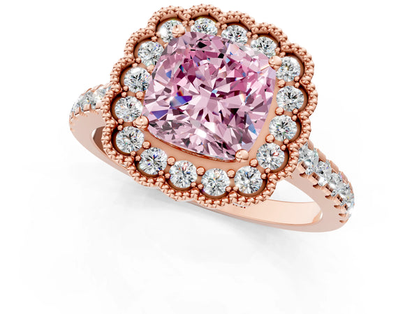 Rose gold Fancy Pink Cushion  Cut Diamond Milgrain Floral Halo Engagement Ring with Pavé Band