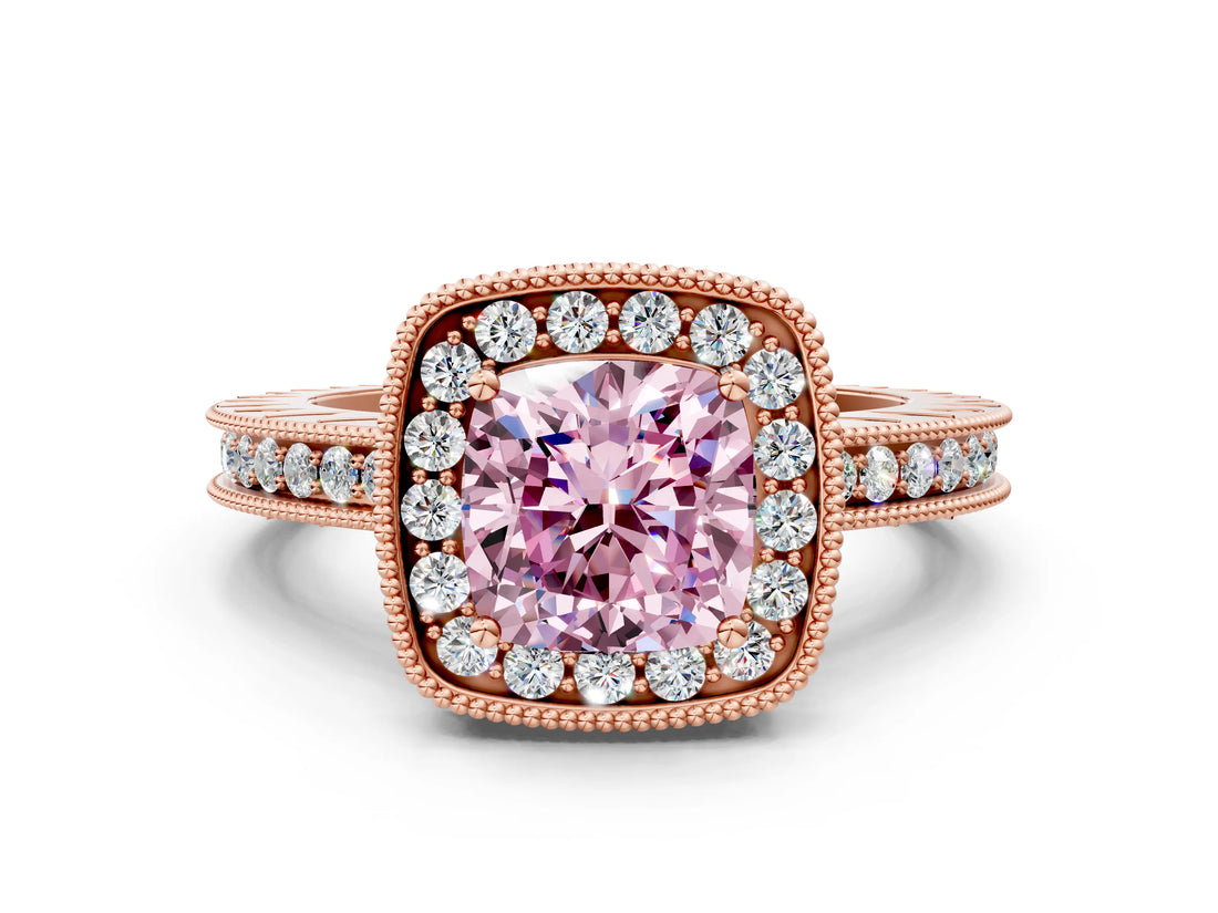 Rose gold Fancy Pink Cushion Cut Diamond Milgrain Halo Engagement Ring with Round Pavé Band and Prong Setting_12