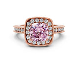 Rose gold Fancy Pink Cushion Cut Diamond Milgrain Halo Engagement Ring with Round Pavé Band and Prong Setting_12