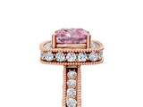 Rose gold Fancy Pink Cushion Cut Diamond Milgrain Halo Engagement Ring with Round Pavé Band and Prong Setting_17