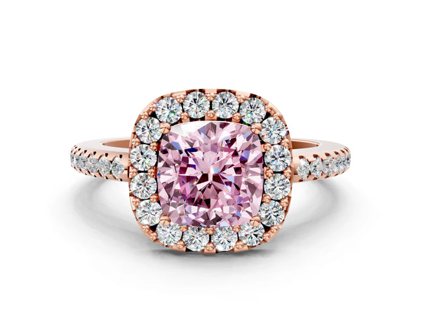 Rose gold Fancy Pink Cushion Cut Diamond Pavé Halo Ring with Four-Prong Setting