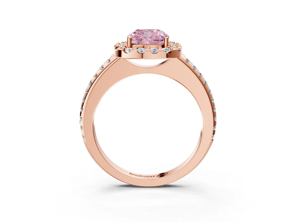 Rose gold Fancy Pink Cushion Cut Diamond Pavé Halo Ring with Four-Prong Setting