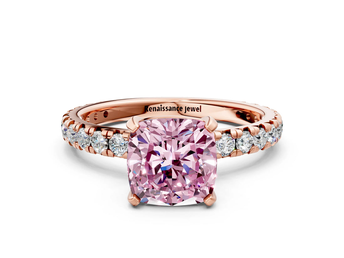 Rose gold Fancy Pink Cushion Cut Diamond Pavé Solitaire Ring with Round Band and Prong Setting_12