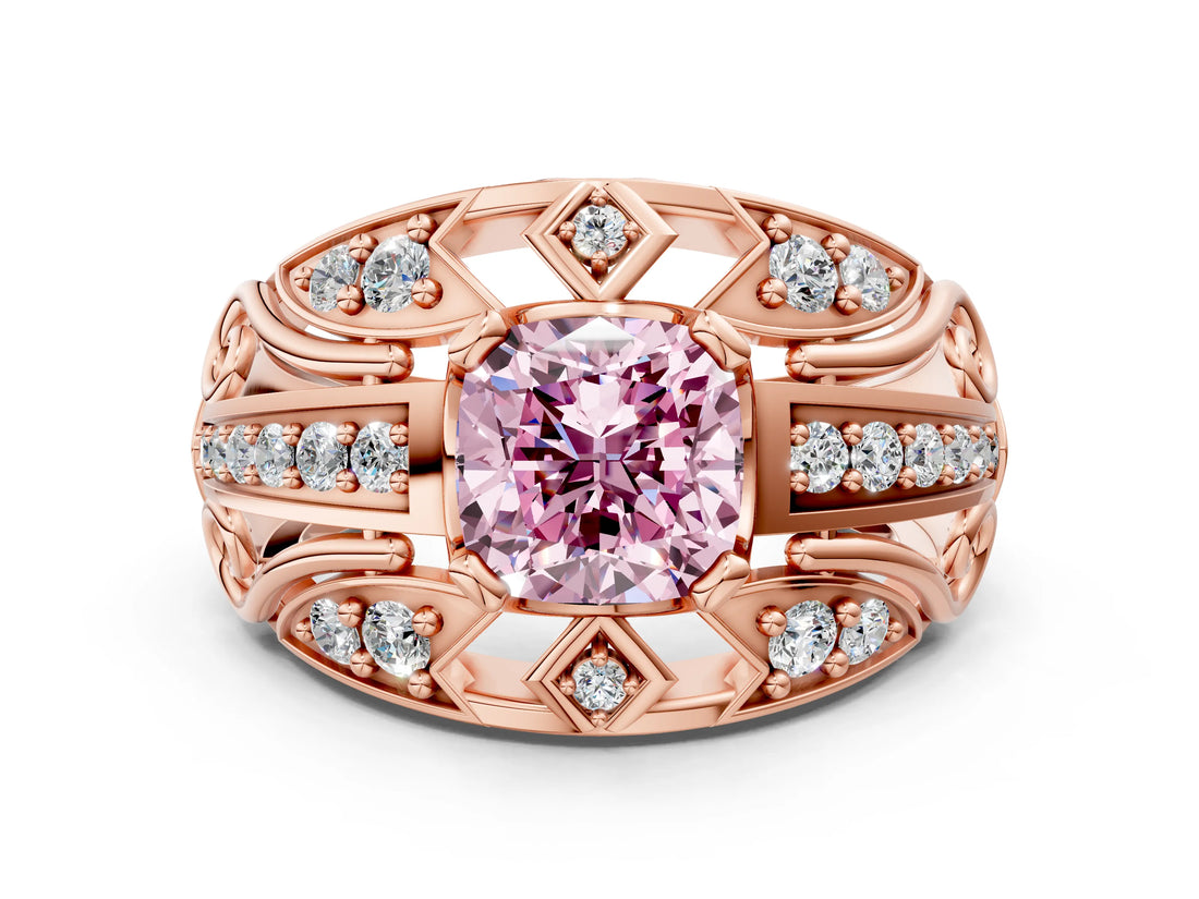 Rose gold Fancy Pink Cushion Cut Diamond Pave Art Deco Split Shank Ring with Four-Prong Setting