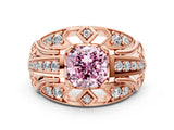Rose gold Fancy Pink Cushion Cut Diamond Pave Art Deco Split Shank Ring with Four-Prong Setting