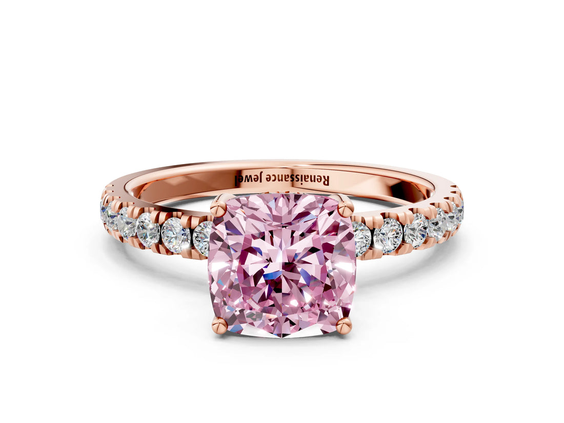 Rose gold Fancy Pink Cushion Cut Diamond Pave Band Solitaire Ring with Four-Prong Setting_58