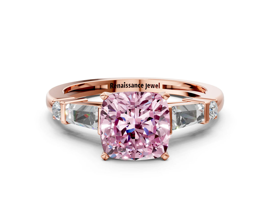 Rose gold Fancy Pink Cushion  Cut Diamond Ring with Baguette Side Stones, Channel Set Band, and Four-Prong Setting_24
