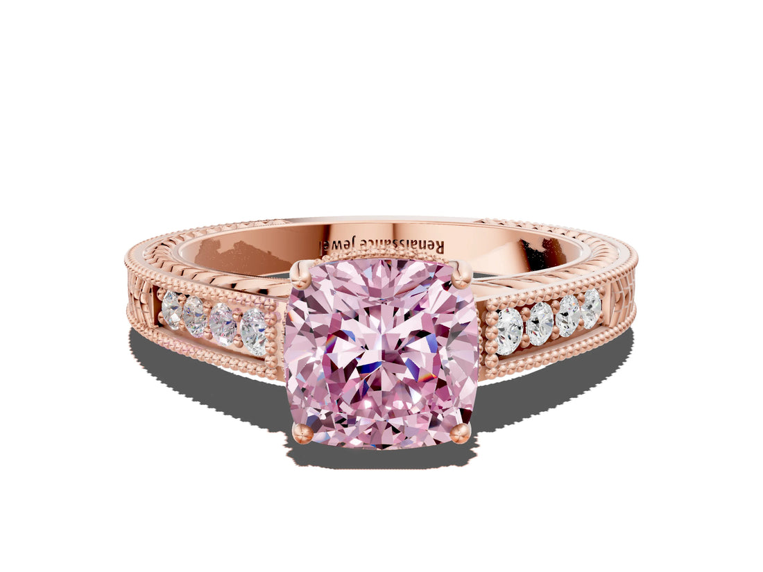 Rose gold Fancy Pink Cushion Cut Diamond Ring with Milgrain Pavé Band and Four-Prong Setting_21