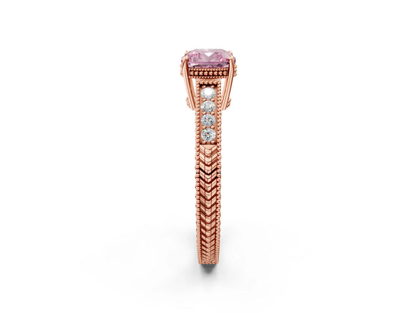 Rose gold Fancy Pink Cushion Cut Diamond Ring with Milgrain Pavé Band and Four-Prong Setting