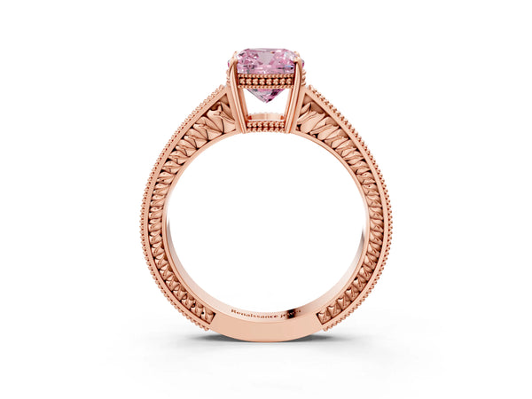 Rose gold Fancy Pink Cushion Cut Diamond Ring with Milgrain Pavé Band and Four-Prong Setting