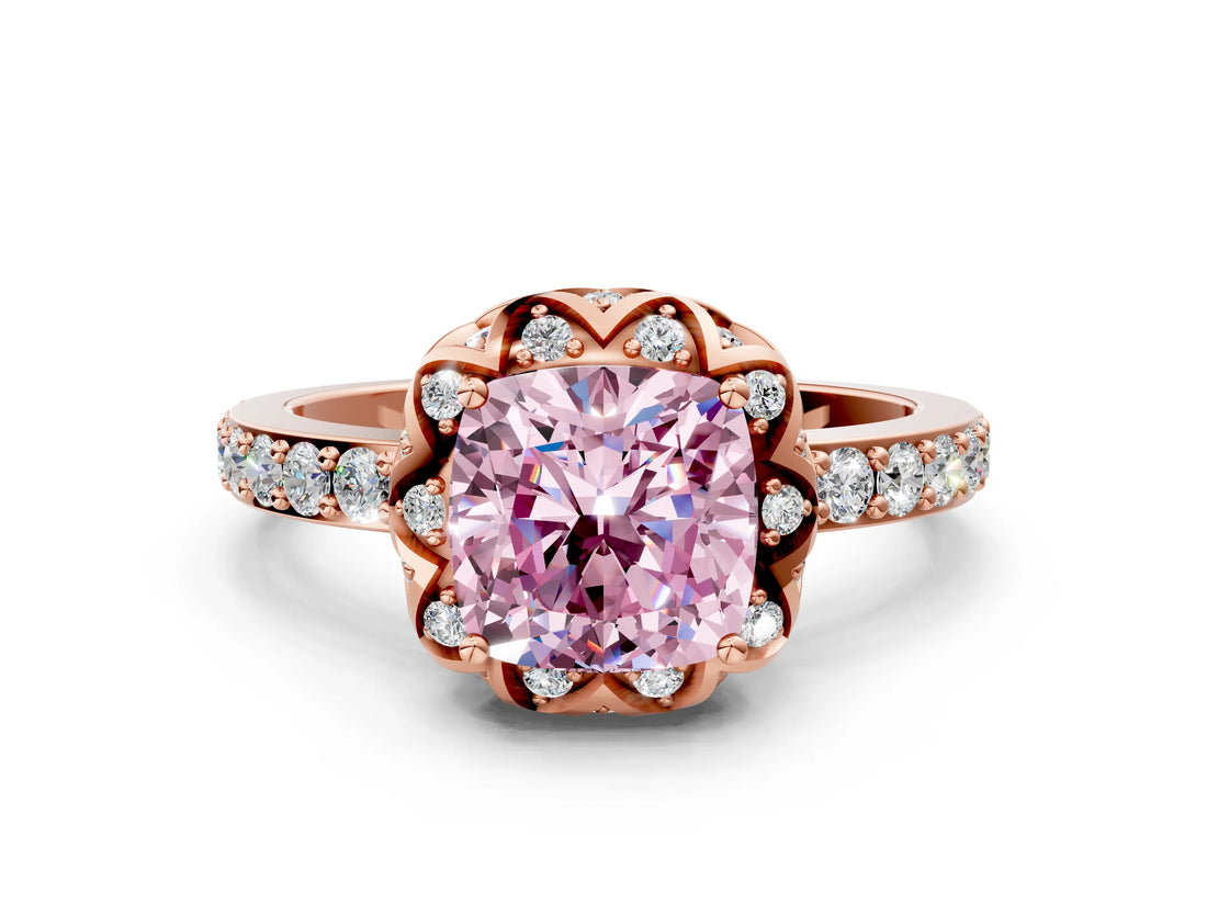 Rose gold Fancy Pink Cushion Cut Diamond Scalloped Halo Engagement Ring with Round Shared Prong Band_12