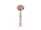 Rose gold Fancy Pink Cushion Cut Diamond Scalloped Halo Engagement Ring with Round Shared Prong Band_14