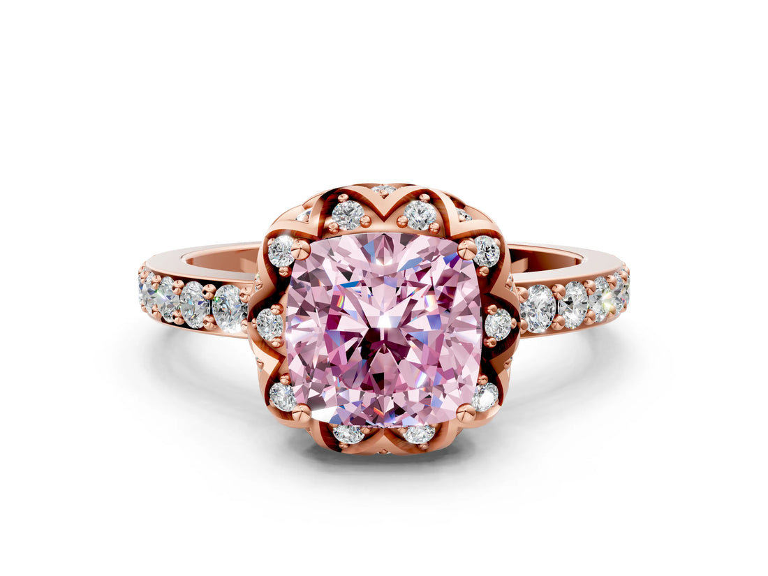 Rose gold Fancy Pink Cushion Cut Diamond Scalloped Halo Engagement Ring with Round Shared Prong Band_24