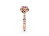Rose gold Fancy Pink Cushion Cut Diamond Scalloped Halo Engagement Ring with Round Shared Prong Band_26