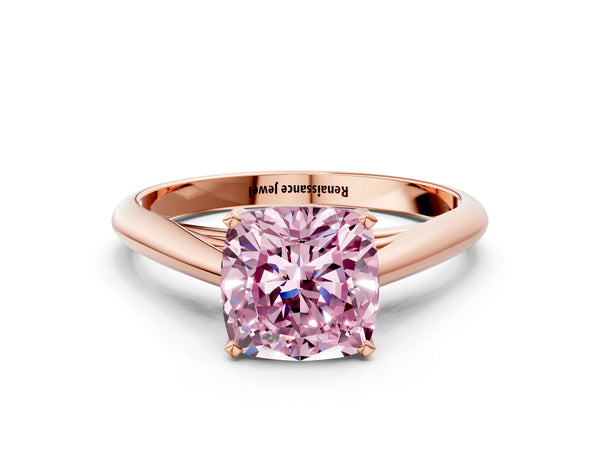 Rose gold Fancy Pink Cushion Cut Diamond Solitaire Engagement Ring with Cathedral Setting and Four-Prong Mount