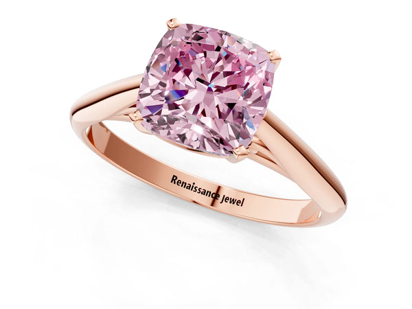Rose gold Fancy Pink Cushion Cut Diamond Solitaire Engagement Ring with Cathedral Setting and Four-Prong Mount