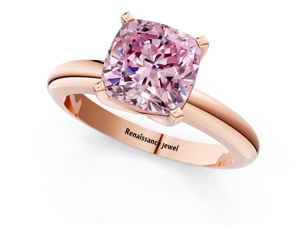 Rose gold Fancy Pink Cushion Cut Diamond Solitaire Engagement Ring with Round Band and Four-Prong Setting