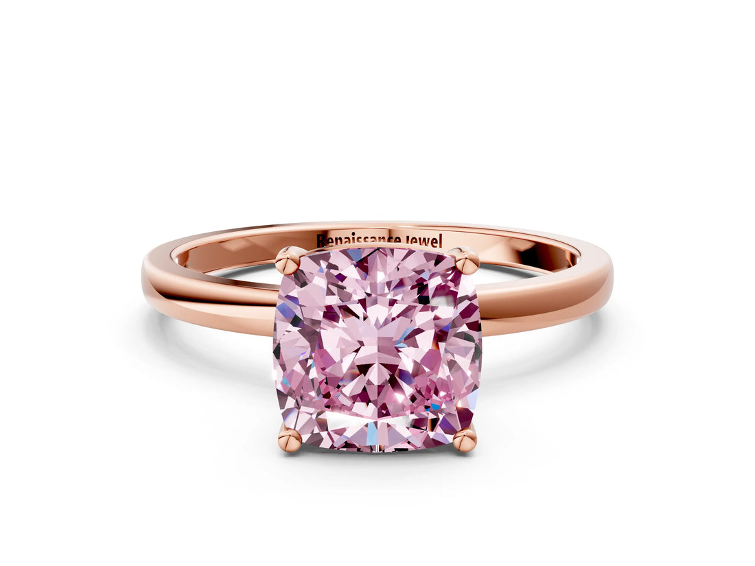 Rose gold Fancy Pink Cushion Cut Diamond Solitaire Ring with Classic Band and Four-Prong Setting