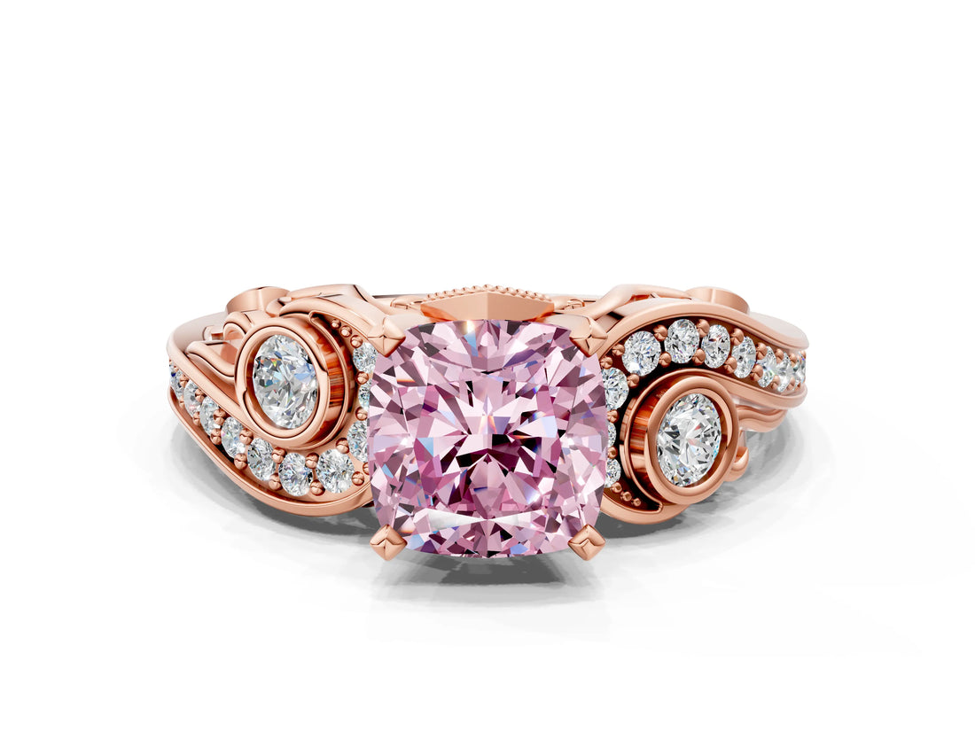 Rose gold Fancy Pink Cushion Cut Diamond Solitaire Ring with Milgrain Pavé Band and Four-Prong Setting_171