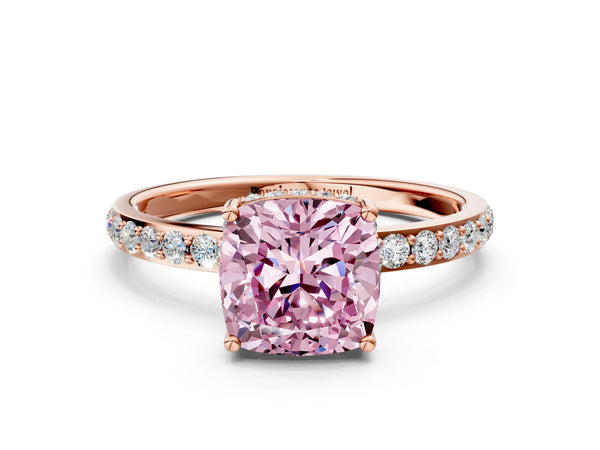 Rose gold Fancy Pink Cushion Cut Diamond Solitaire Ring with Pavé Band and Hidden Halo