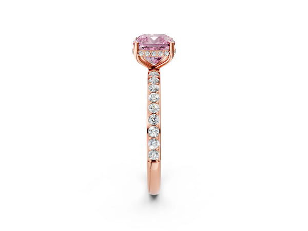 Rose gold Fancy Pink Cushion Cut Diamond Solitaire Ring with Pavé Band and Hidden Halo