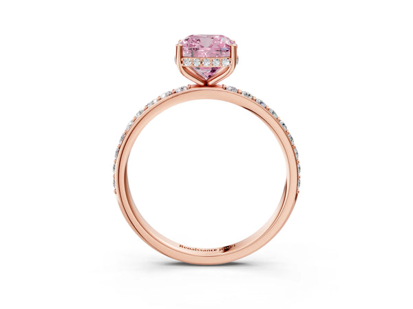 Rose gold Fancy Pink Cushion Cut Diamond Solitaire Ring with Pavé Band and Hidden Halo