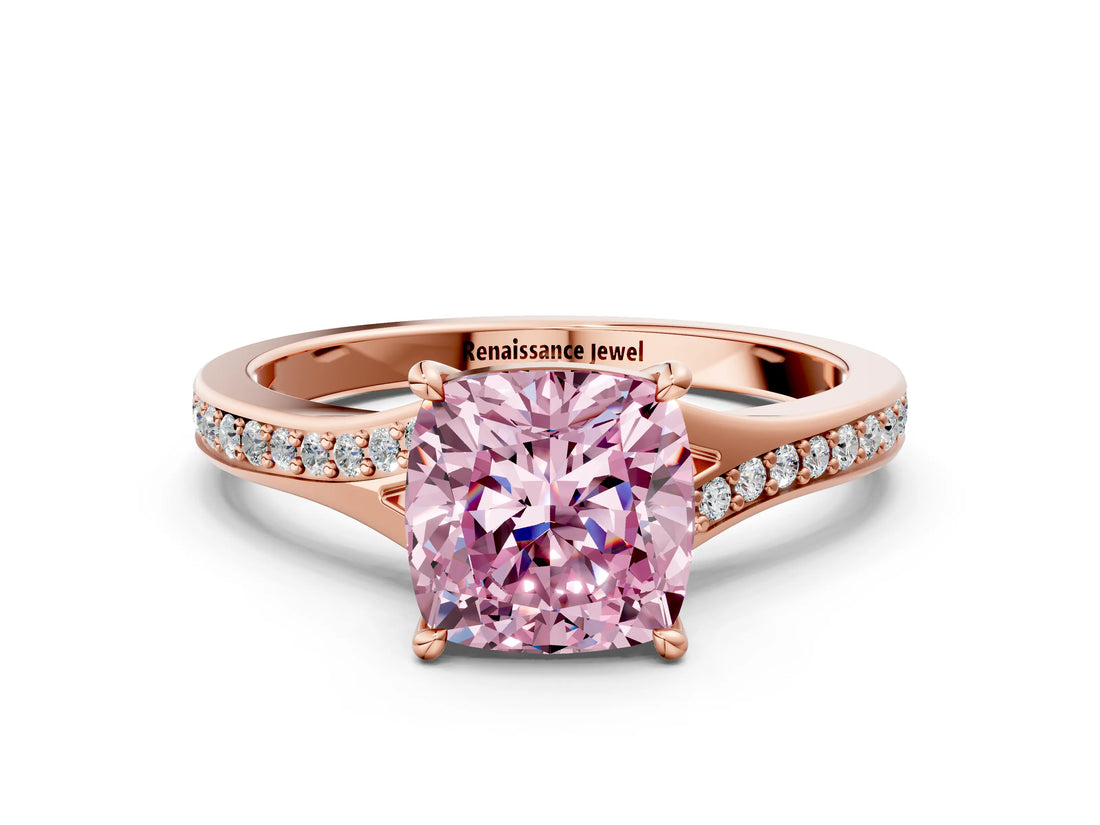 Rose gold Fancy Pink Cushion Cut Diamond Solitaire Ring with Pavé Band and Prong Setting_12